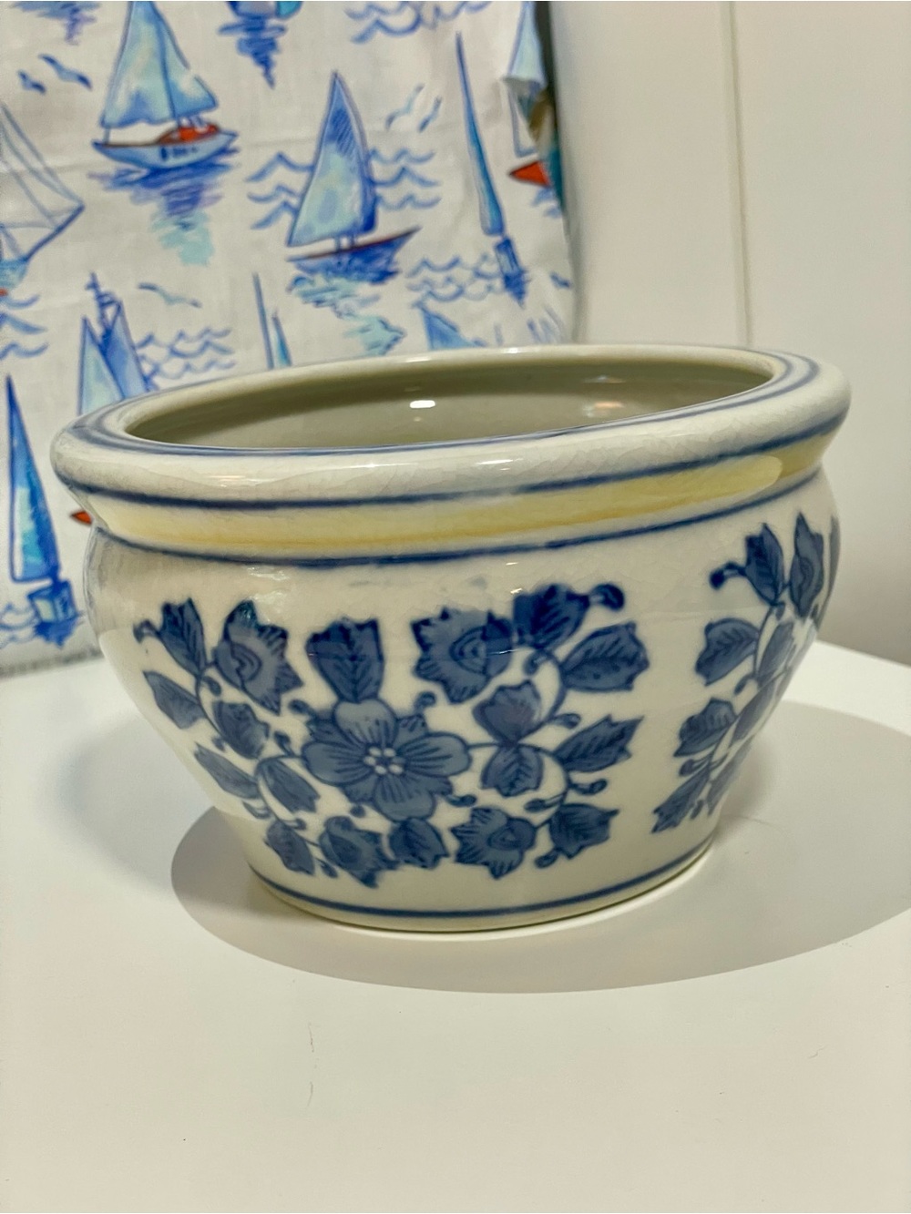 Vintage Blue & White Chinoiserie Porcelain Planter / Orchid Pot – Floral Motif